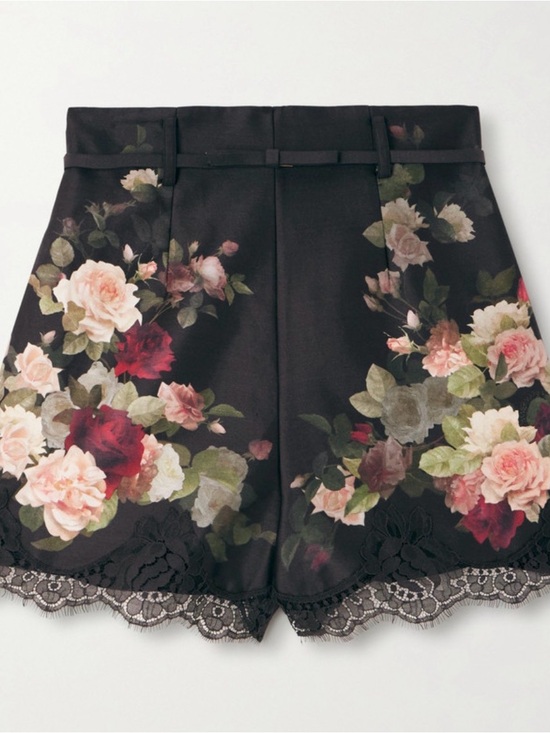 Zimmermann Pants - Zimmermann Black Floral High-Waist Shorts with Lace Hem